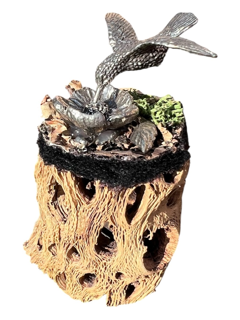 Silver Pewter Hummingbird on Natural Wood Perch - Silver and Brown